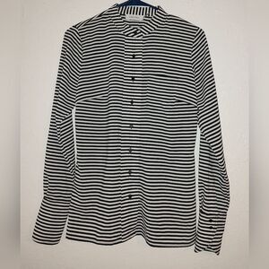 Calvin Klein Black & White Stripe Blouse Nautical Office Button Up Size XS